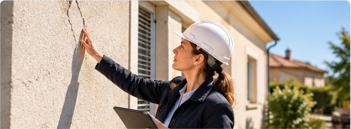 Experte en bâtiment inspectant une façade et relevant un désordre
