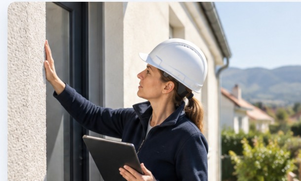 Femme experte en bâtiment réalisant une inspection technique d’une façade