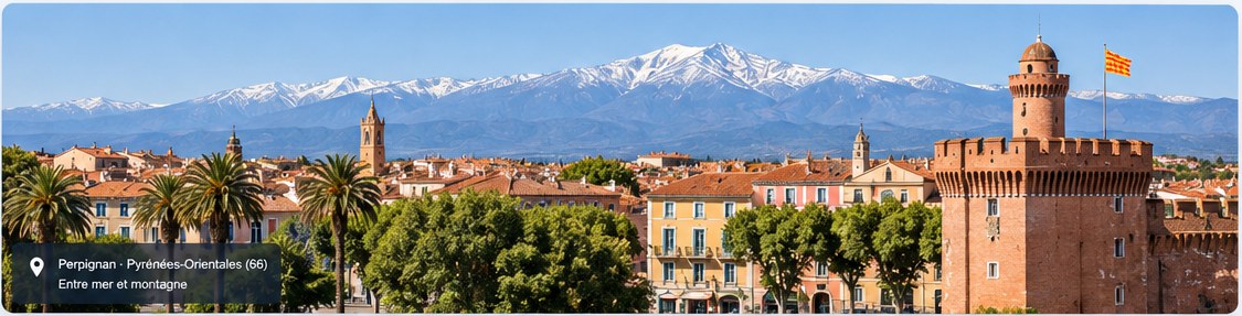 Vue illustrative de Perpignan et des Pyrénées-Orientales (66), entre ville et massif du Canigó