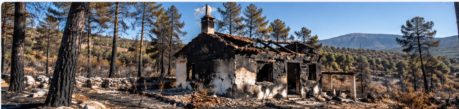 Maison gravement endommagée par un incendie dans une zone boisée